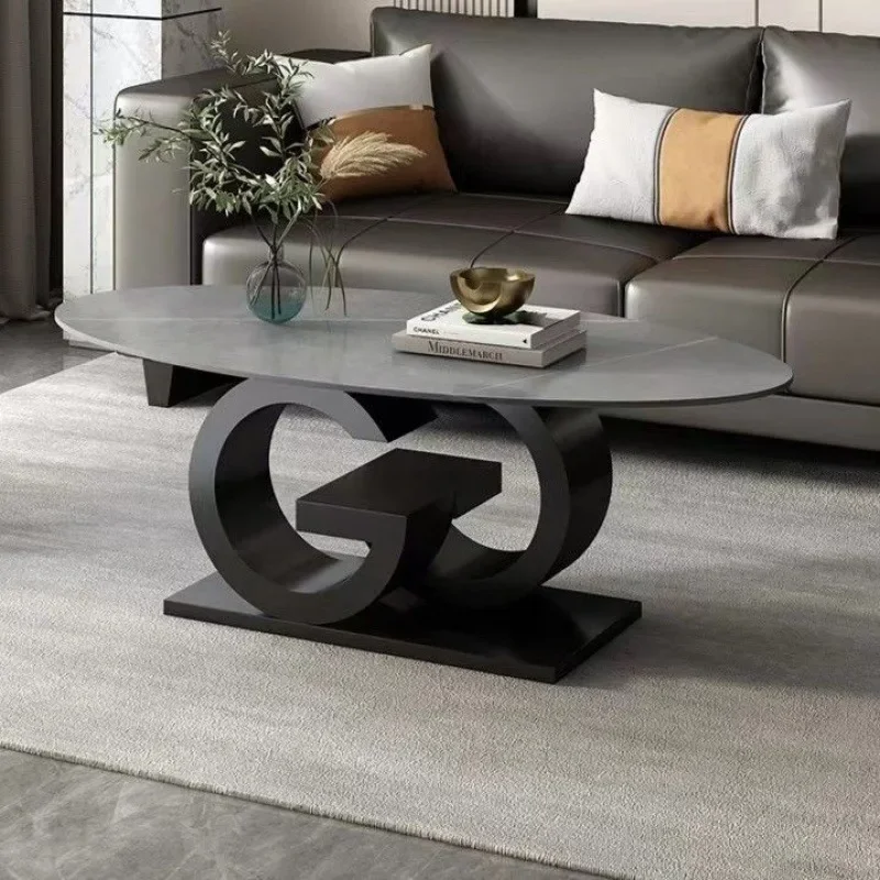 Italian minimalist and luxurious living room, oval shaped rock panel tea table, Nordic small unit creative home tea table