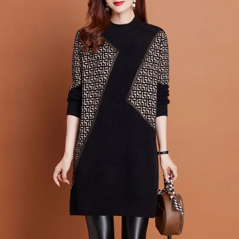 Elegante outono-inverno nova chegada camisola de malha de comprimento médio camada de base alta pescoço solto emagrecimento meados de comprimento longo camisola de malha