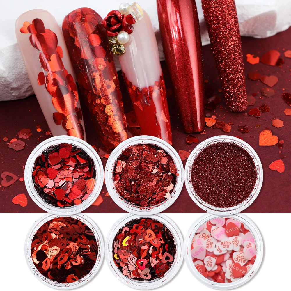 PrettyG 1 Box Red Lips Love Hearts Nail Art Flakes Sequins Valentine's Day Holographic Glitter For Resin DIY Nail Art Decoration