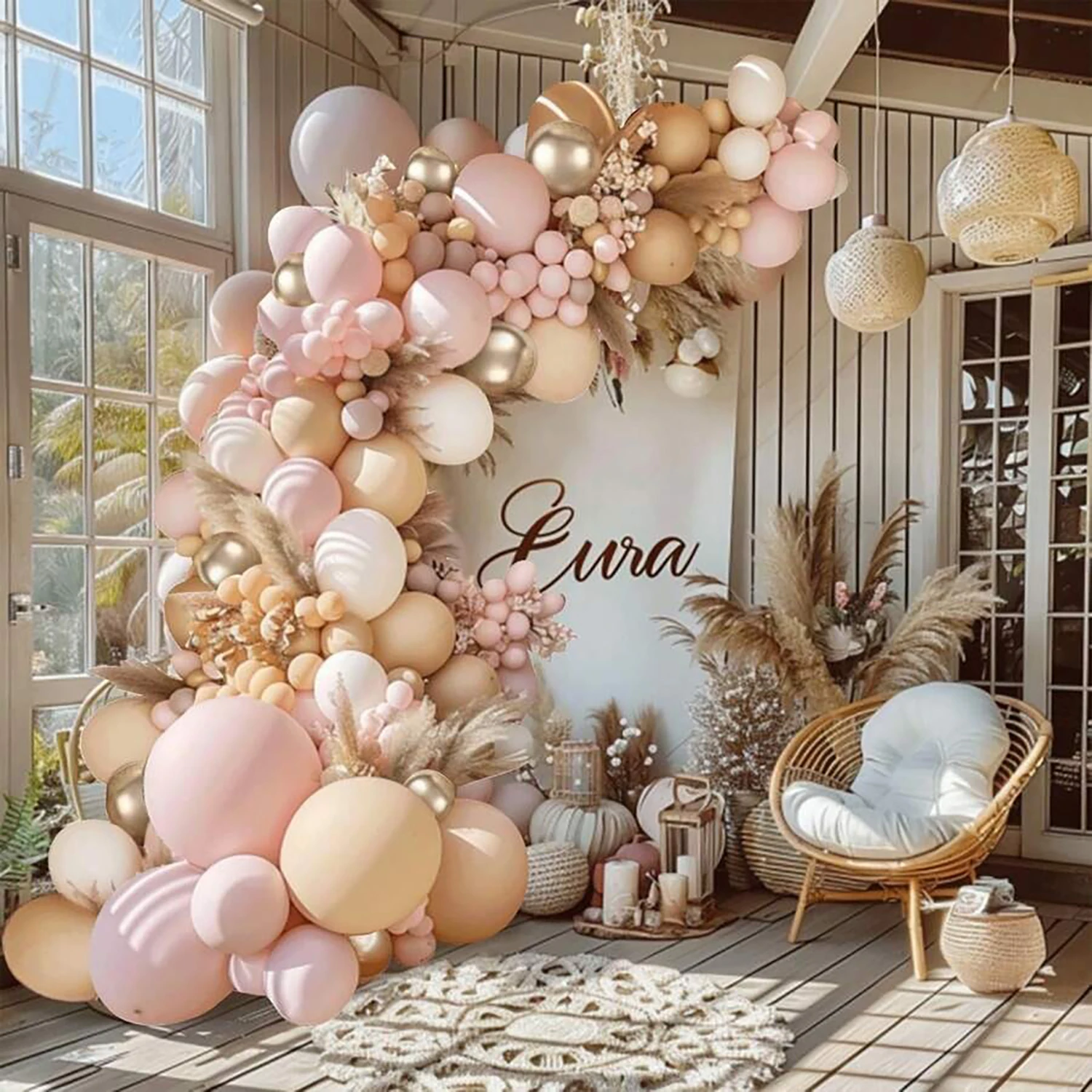 104PCS Pink Gold White Latex Balloon Wreath Set, Suitable for Wedding Season, Birthdays, Pop Parties, and Bridal Showers