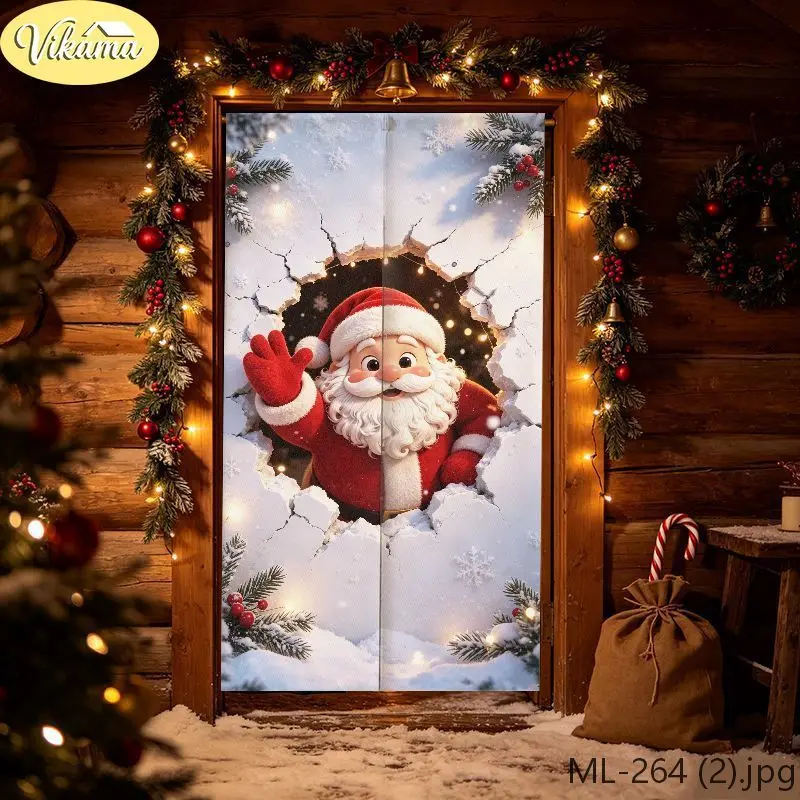 VIKAMA Santa Breaking Through Snow Wall Half Door Curtain Fabric Entryway Curtain Kitchen Privacy Divider Festive Home Decor