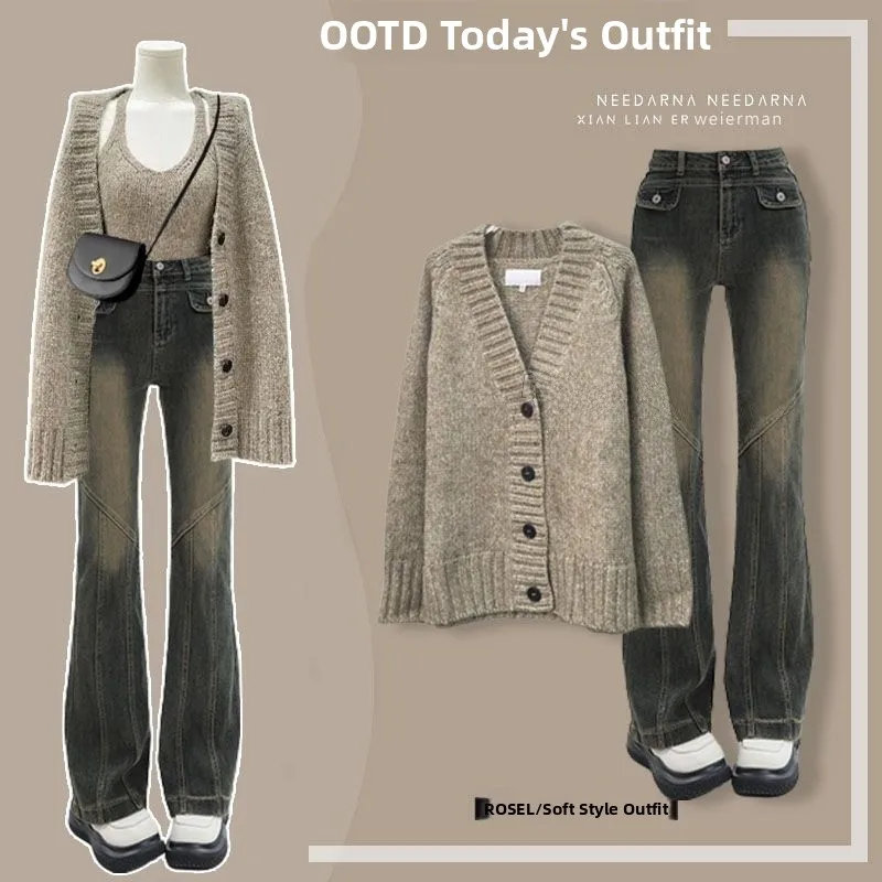 

Slimming Knitted Cardigan Denim Three-Piece Set Autumn Fashion Women's Ensemble Vintage Style Casual Wear for Young Adults