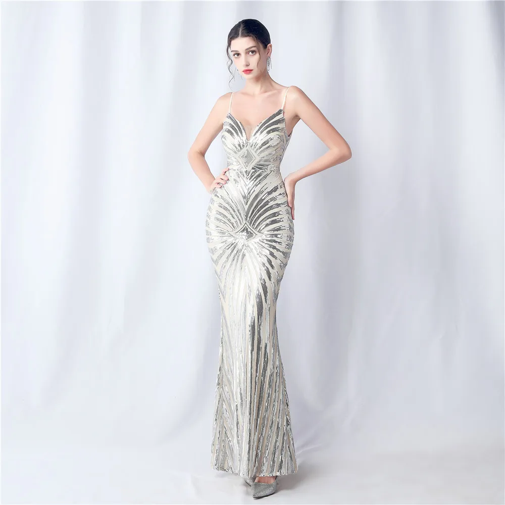 Silver Sequin Slim Long Evening Dress Sexy Off Shoulder A-Line Long Prom Dress Women Ladies Party Luxury Gala Dresses 2024 New