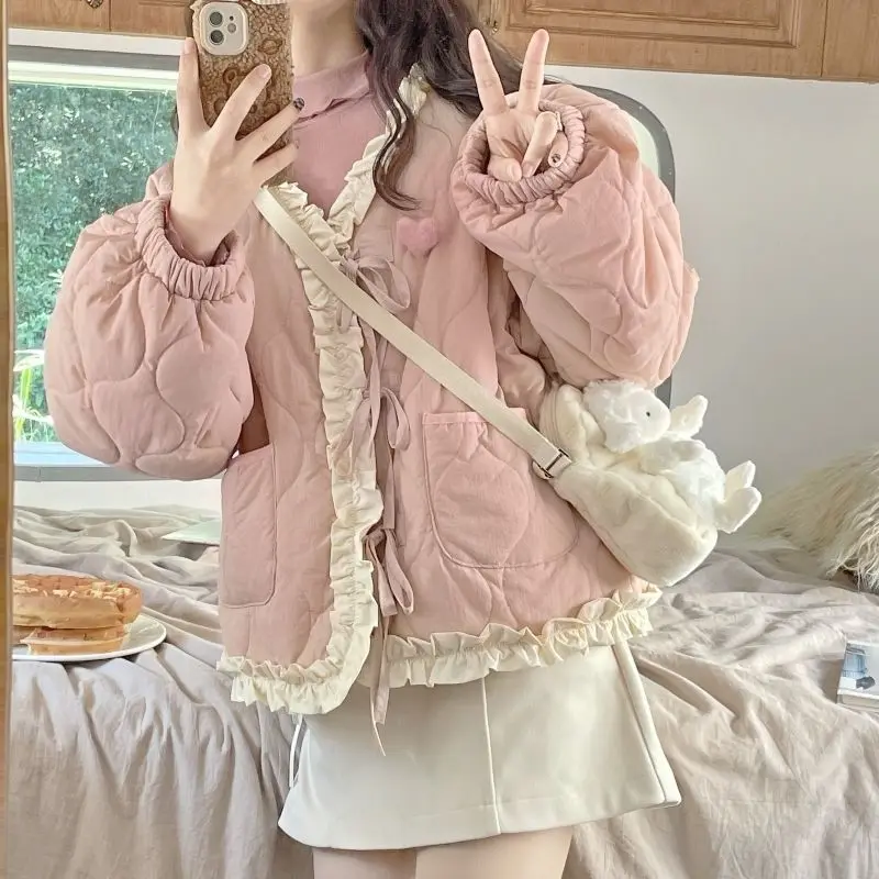 

Lace cotton jacket for women 2022 winter new item Korean version loose student cotton coat jacket for women Instagram