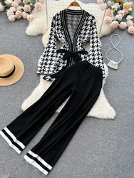 Autumn Winter Women Sweater Two-piece Suit Houndstooth Long-sleeved Cardigan Coat High Waist Drape Casual Long Pants Top D1939