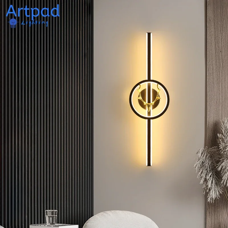 

Living Room Wall Lamp LED TV Wall Background Light Gold Blakc Luxury Bedroom Bedside Lamps Nordic Deer Long Wall Lamp