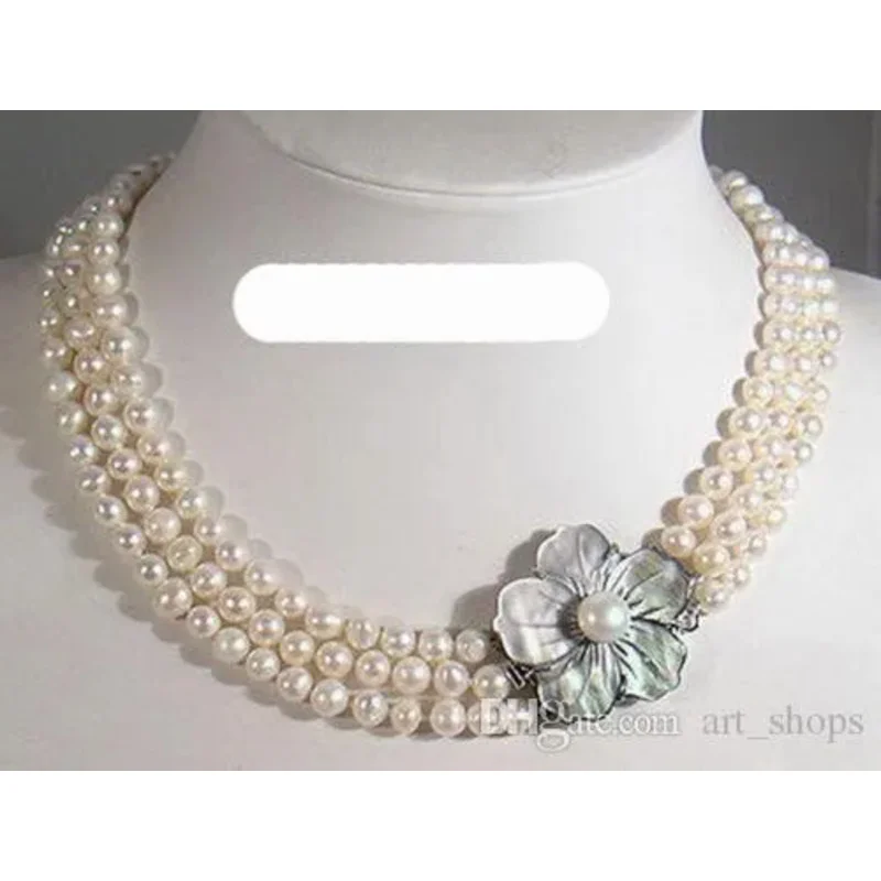 

3 Rows Real White Pearl 18KWGP Shell Flower Clasp Nelace