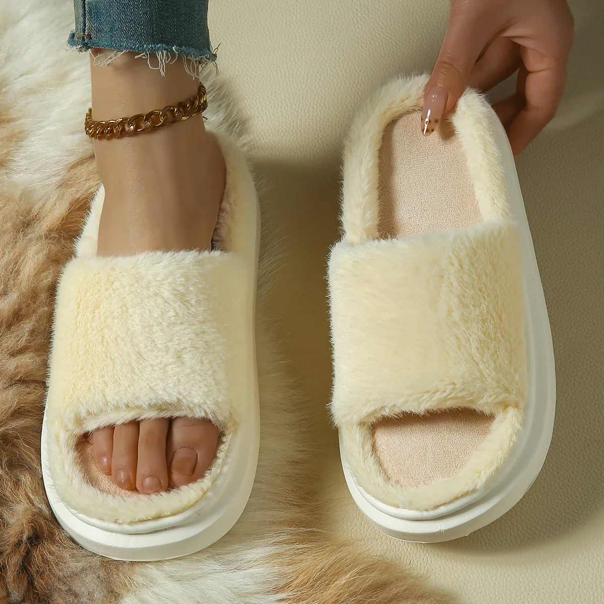 

Волосатые тапочки для женской уличной одежды, новые стильные домашние хлопковые тапочки на толстой подошве, zapatos de mujer