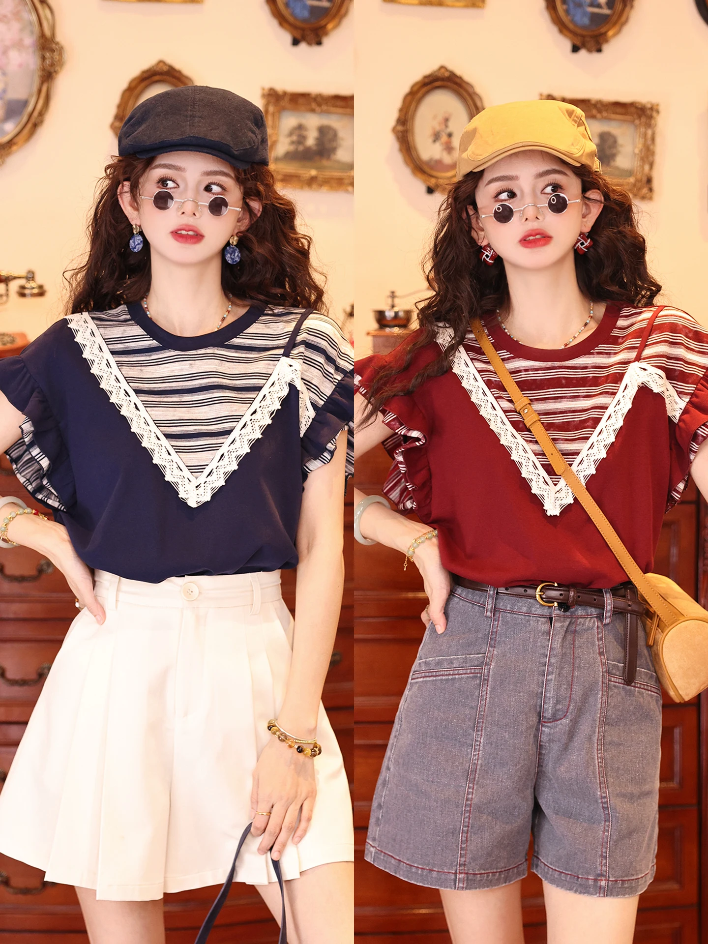 

Chend's Retro Striped ort Sve Women's T-irt Casual Summer Top Two-Piece Set Breathable Moisture ng Cotton Blend