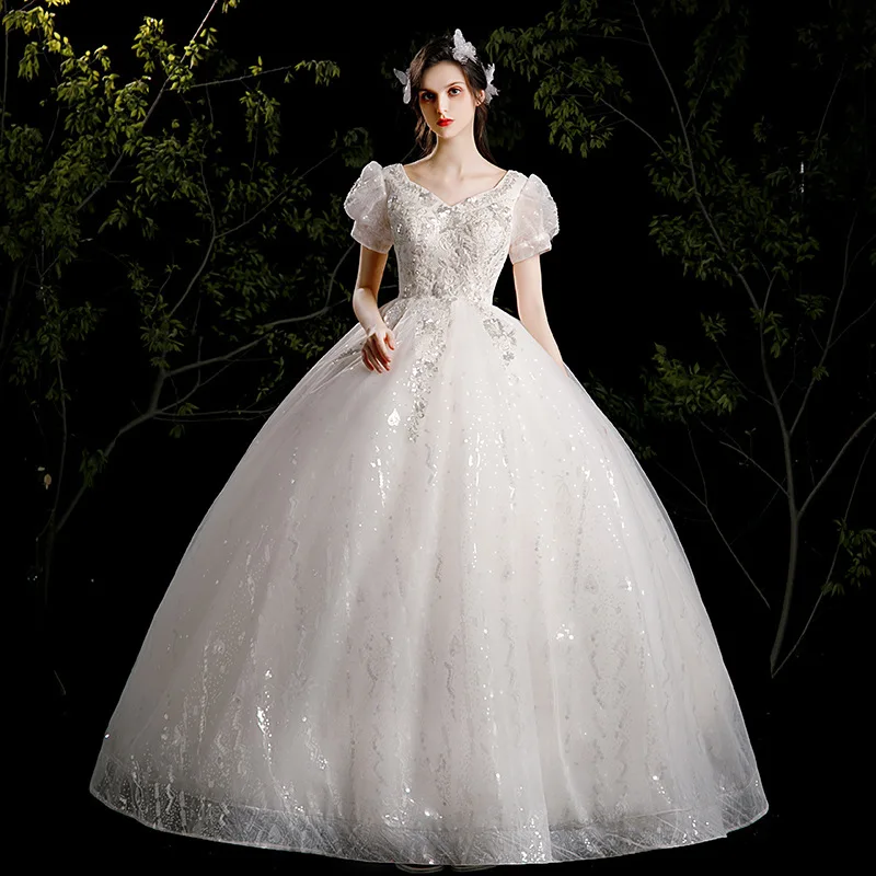 Puff Sleeve Ball Gown Vestidos De Novia Wedding Dresses Backless Beading Design Lace Wedding Gown