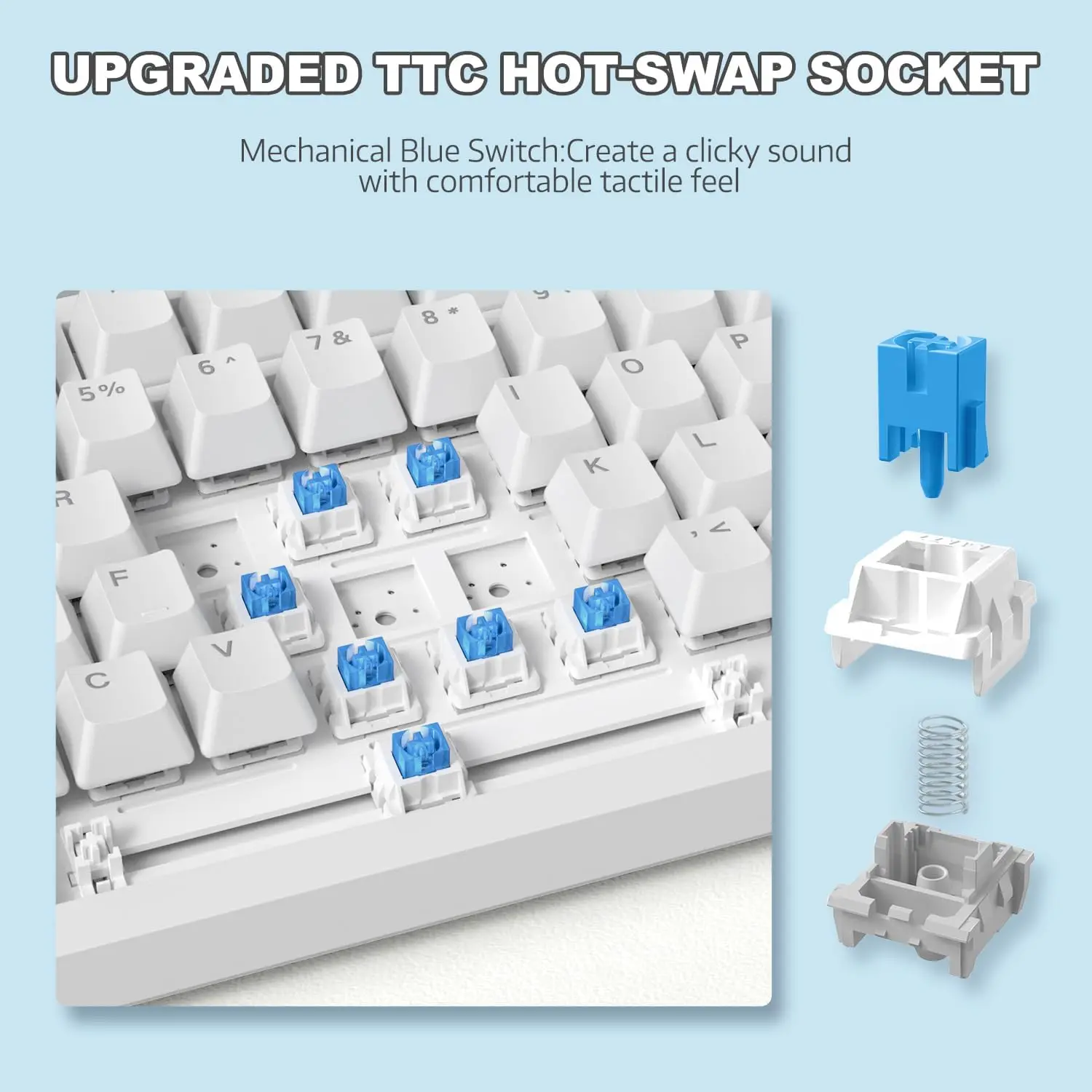 AJAZZ AK820 75% TKL لوحة مفاتيح ميكانيكية سلكية للألعاب، مفتاح أزرق قابل للتبديل السريع، حامل حشية، 82 مفتاحًا مع مقبض حجم CNC