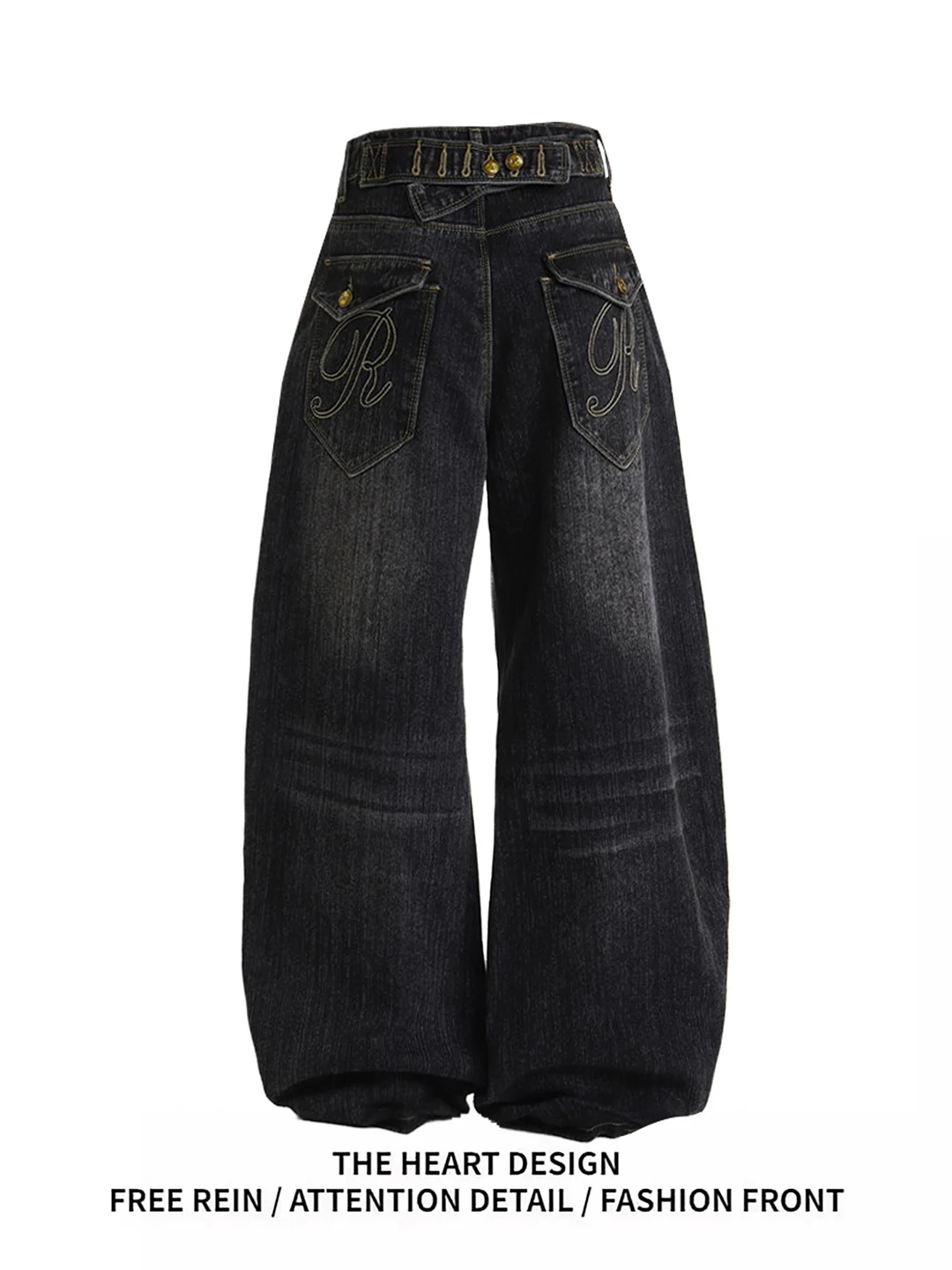 

American Retro Paris Buckle Design Black Jeans Women's Loose Wide Leg Pants Summer New Style High Waist Denim Casual Wear