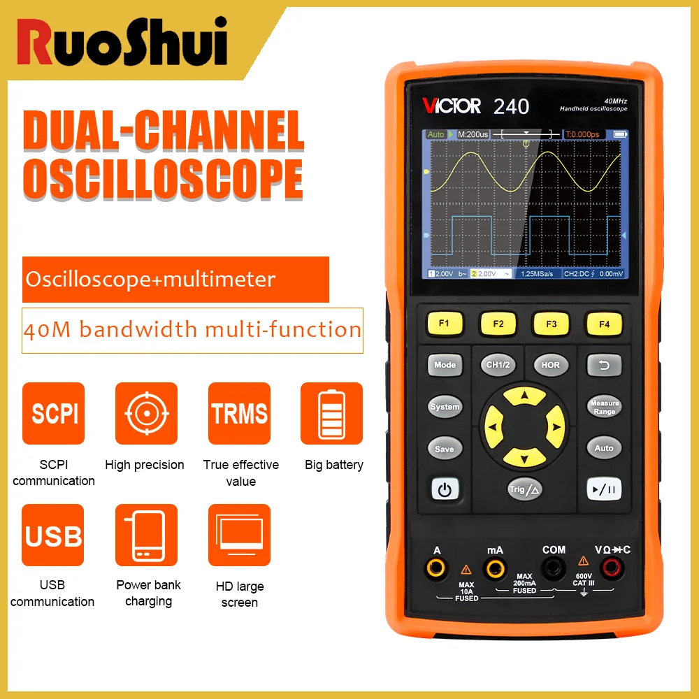 

Victor 240 3In1 Dual Channel Oscilloscope 70MHz Bandwidth 20000 Counts Multi-function Multimeter Digital Signal Source Generator