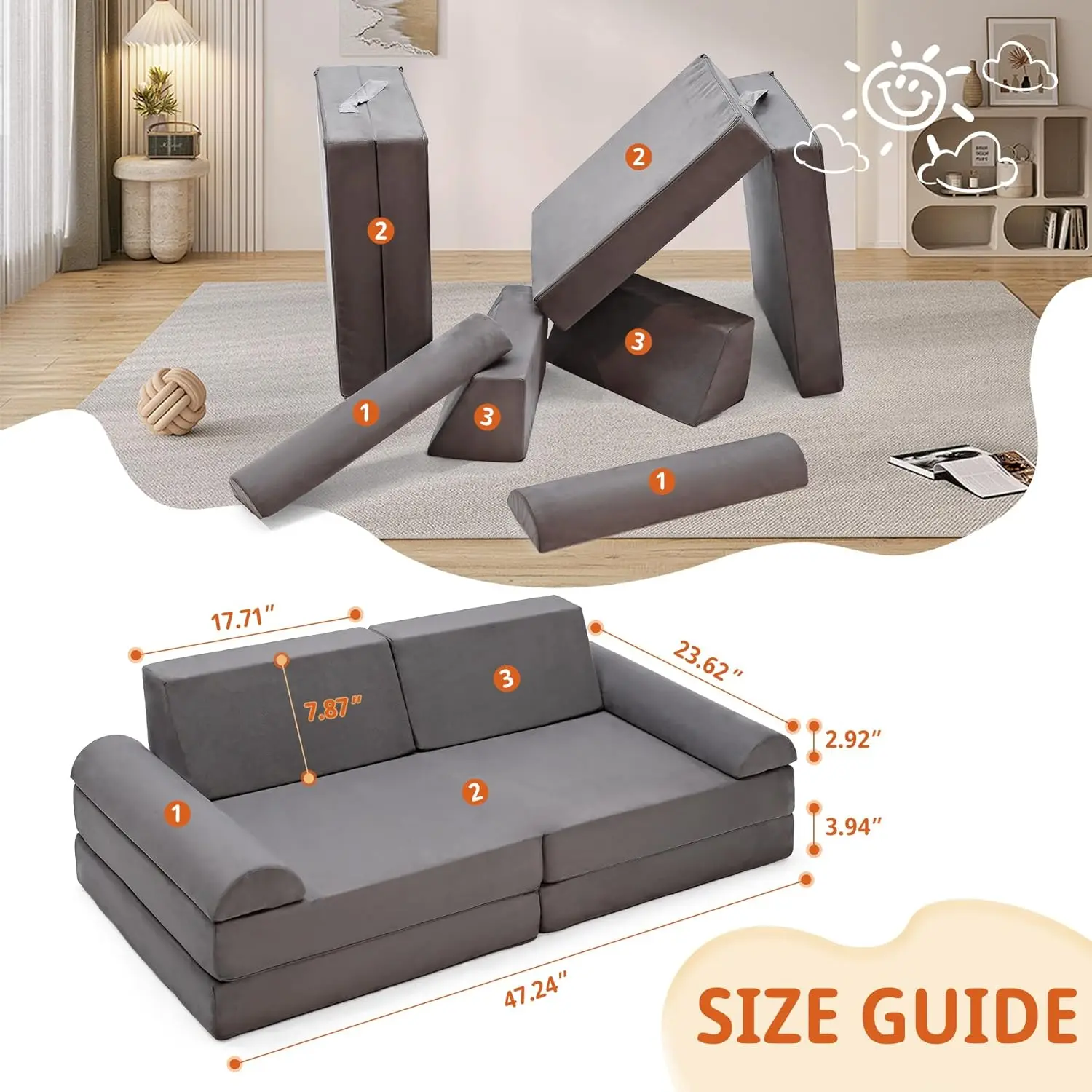 Canapé modulaire gris pour enfants, canapé de jeu pour tout-petit pour salle de jeux, chambre à coucher, mousse convertible et coussin de sol pour garçons et filles, 8 pièces