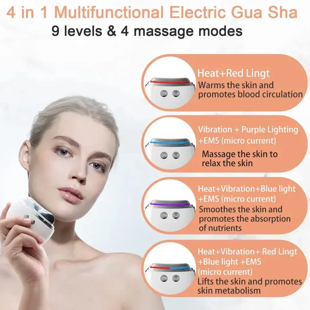 4 in 1 Electric Guasha Massager EMS Face Lifting Vibration Massage Remove Edema Firming Skin Clod Heat Scraping Facial Beauty