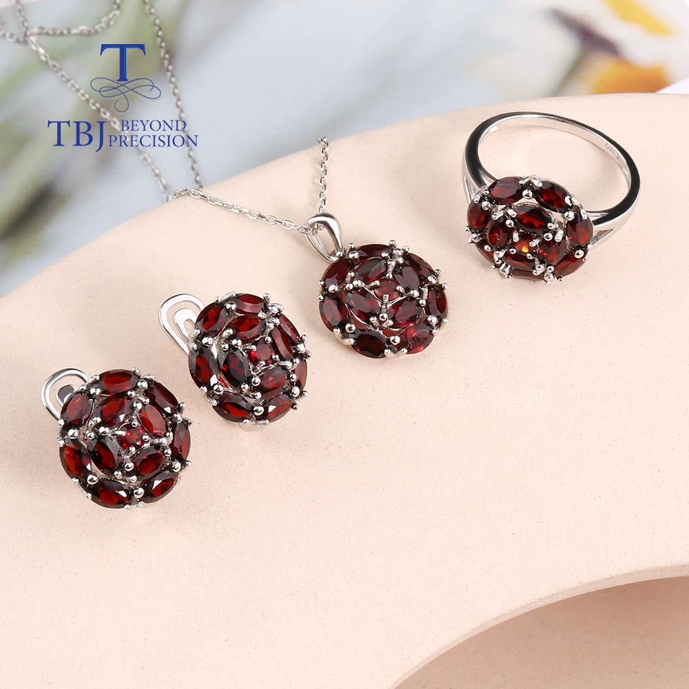 Natural Red Garnet Ring Earrings Necklace Jewelry Set 925 Silver Women Fine Jewelry Anniversary Gift