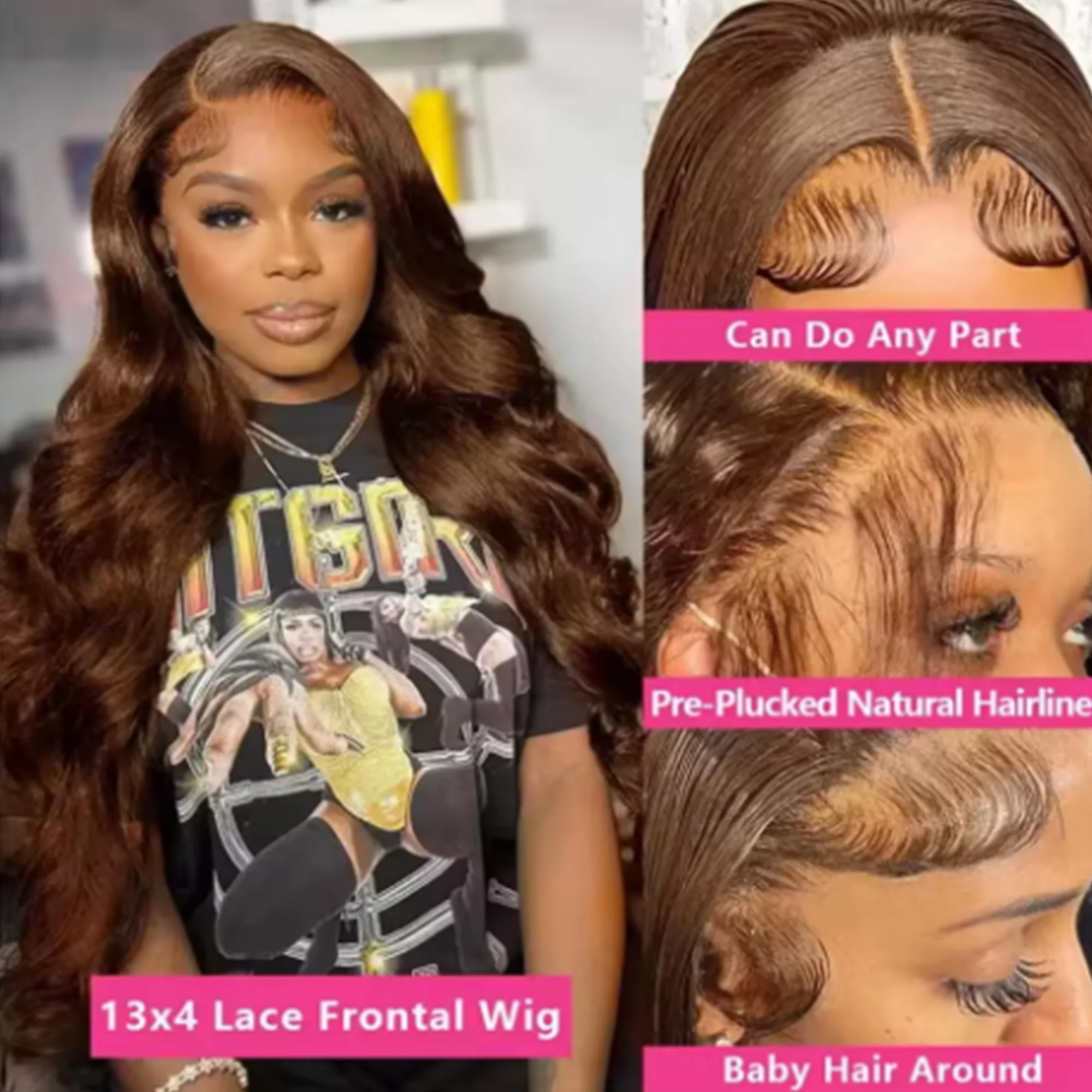 

Chocolate Brown 13x4 Lace Front Wig Brazilian Pre Plucked HD Lace Frontal Wigs Dark Brown Body Wave Human Hair Closure Wigs