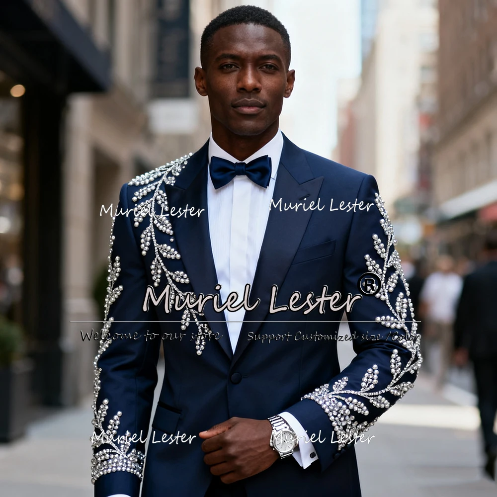 Ternos masculinos com pedras frisadas, design exclusivo, para casamento, 2 peças, conjuntos de blazers de baile, personalizados, smoking de noivo com peito único