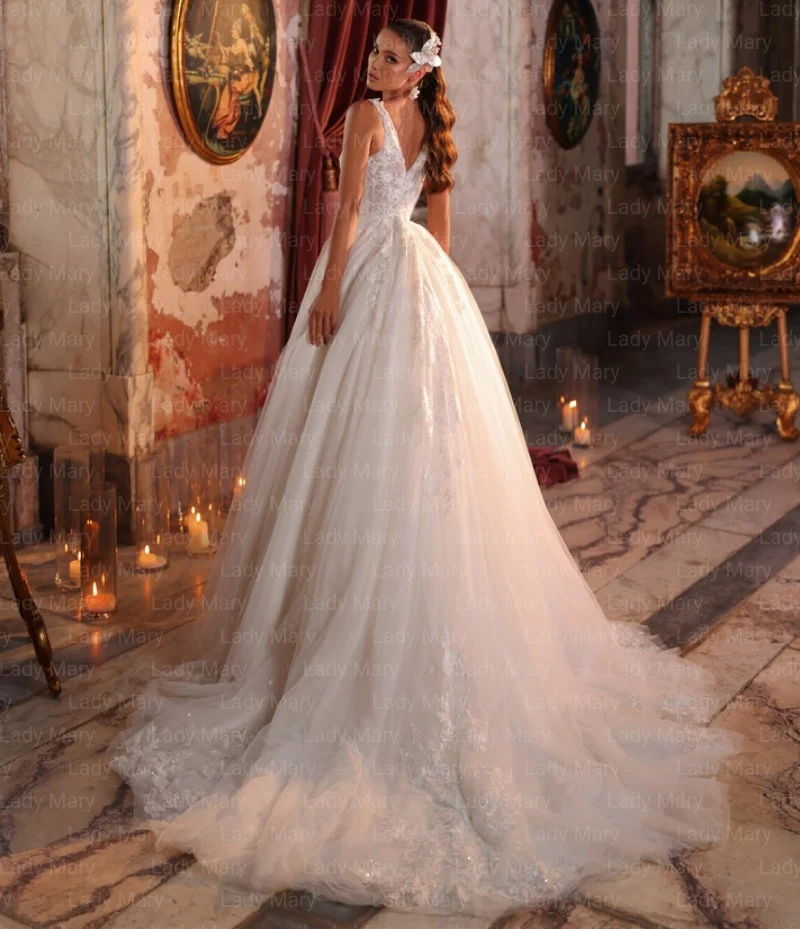

Elegant Princess Lace Wedding Dresses A Line V Neck Sweep Train 2025 Spring Garden Bridal Gowns Robe De Mariée Customized Robe