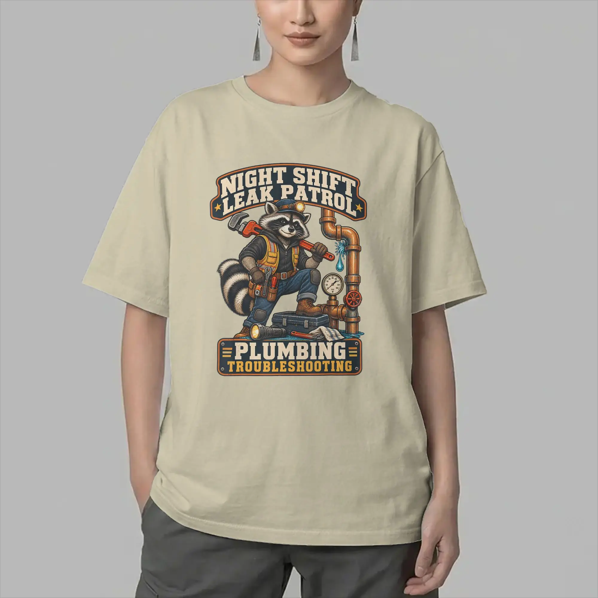 Raccoon Plumber Night Shift Leak Patrol Men's T Shirt  Leisure Tee Shirt Short Sleeve O Neck T-Shirts 100% Cotton New Clothes