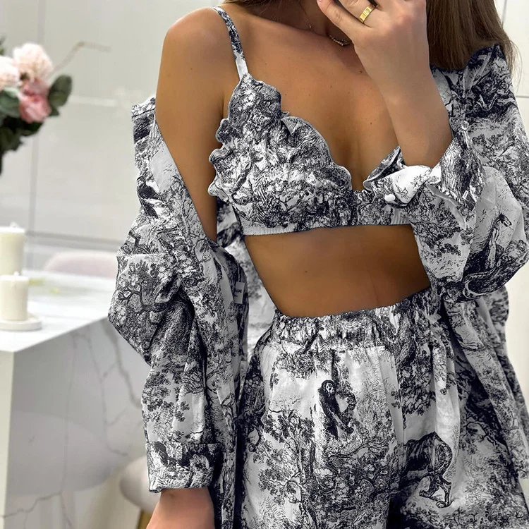 Vintage Ink Printing Three Piece Set 2024 Summer Short Pant Suit Women Blue White Shirt Set for Lady Commuting Party Streetwear