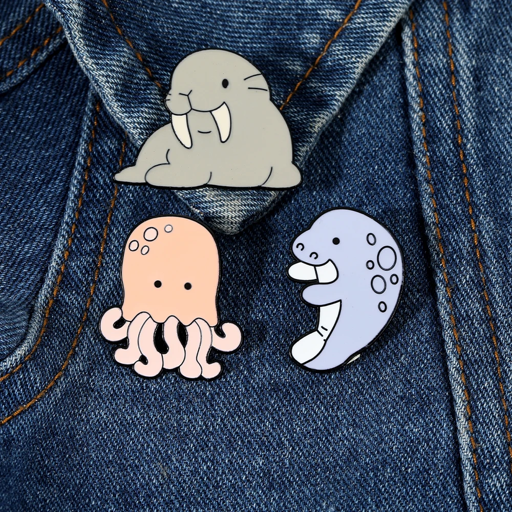 Cartoon Marine Animal Enamel Pins Cute Walrus Sea Lion Octopus Shaped Brooches Wholesale