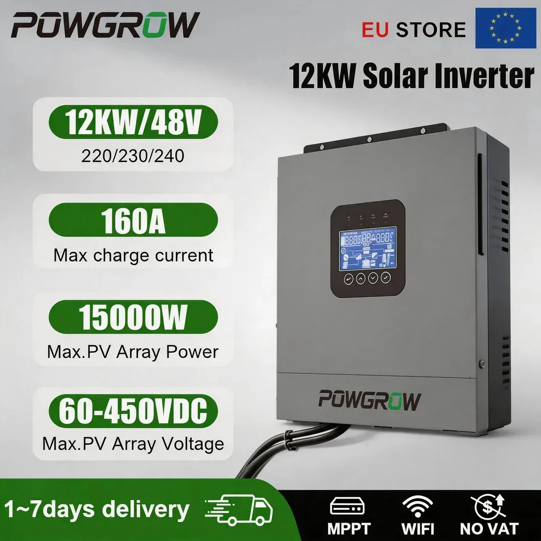 POWGROW 12KW 48V Hybride Solar Inverter Dubbele MPPT 160A Zuivere Sinusgolf 220V-240V Enfase Off-grid EU WINKEL BTW Vrij Met WIFI