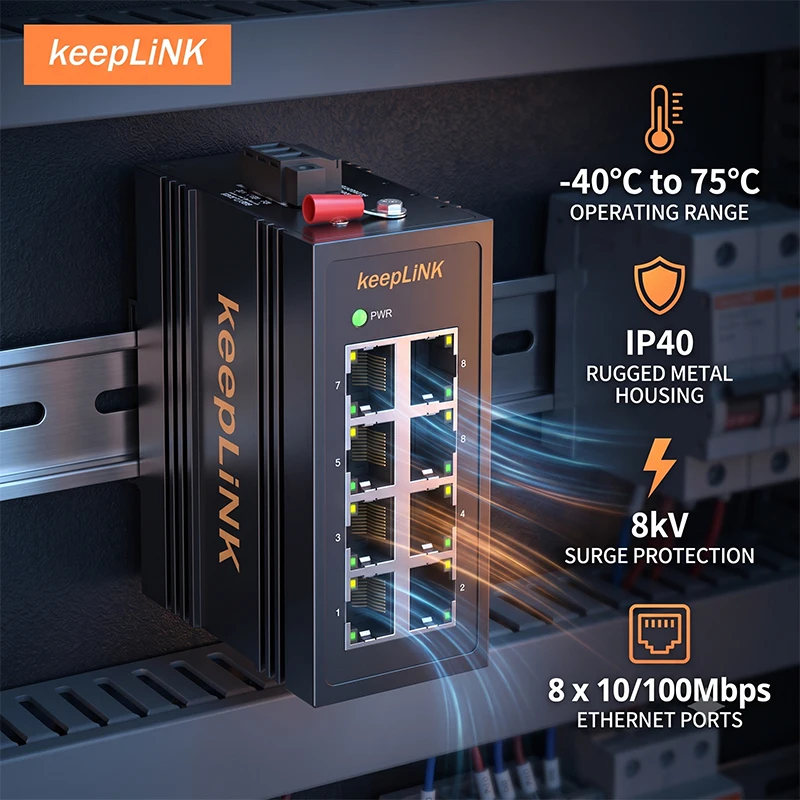 keeplink-8-port-industrial-fast-ethernet-switch-10-100m-unmanaged-din-rail-ip40-40~75℃