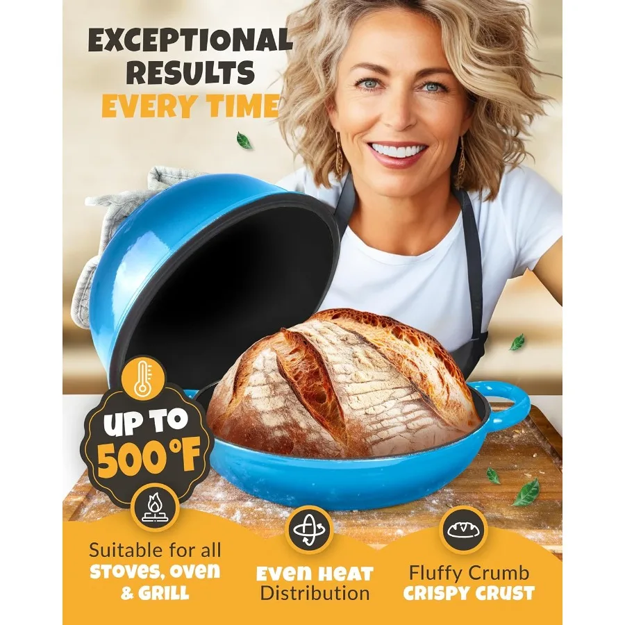 فرن هولندي خبز الخبز للمنزل الخبازين 5QT المينا BreadDome مع غطاء لصنع الخبز العجين المخمر يتضمن التهديف عرجاء والعجين #6