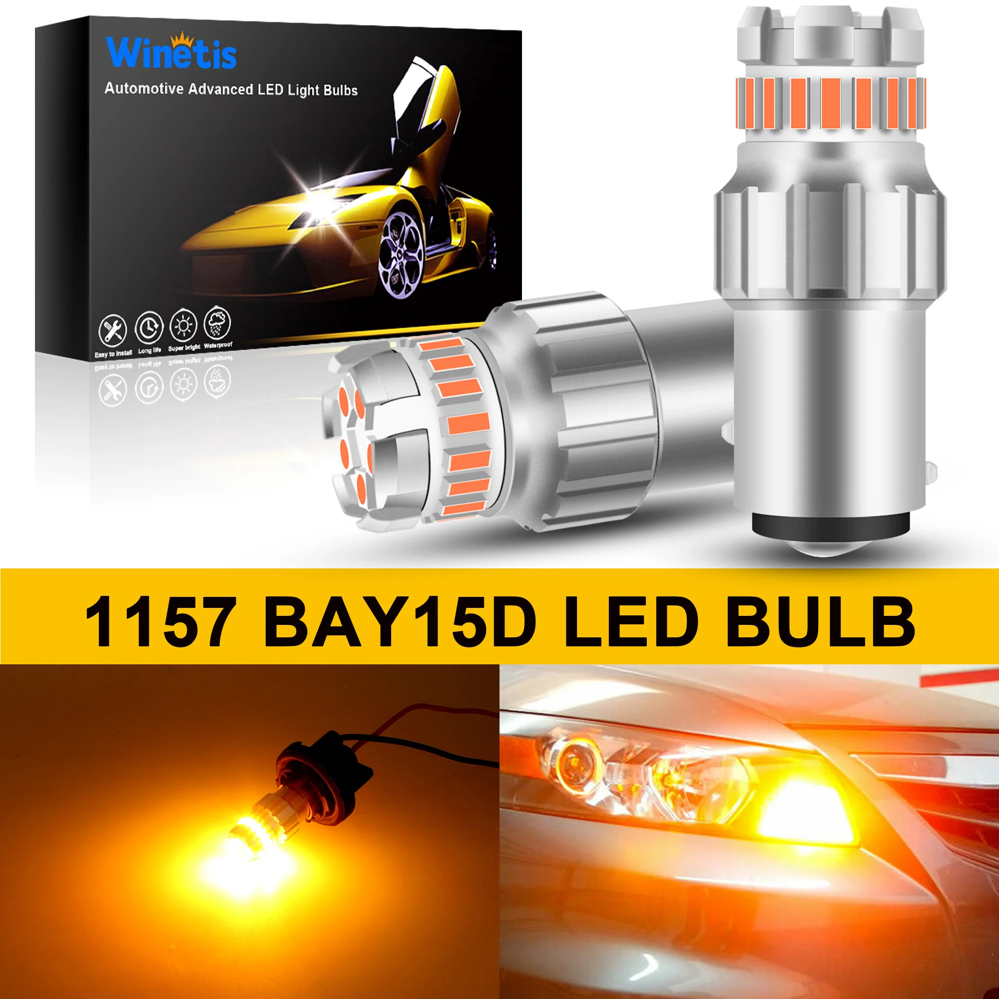 Winetis 2X 1157 BAY15D LED Turn Signal Light Bulbs 3000K Amber Yellow CANBUS Anti Hyper Flash Error Free