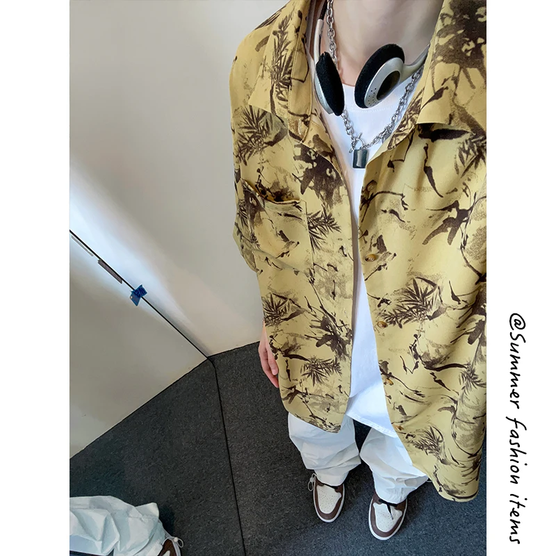 

New Chinese Style Splashed Ink Ice Silk Men's Shirt Summer Thin Short Sleeve Half Sleeve Design Sensation High End Feeling