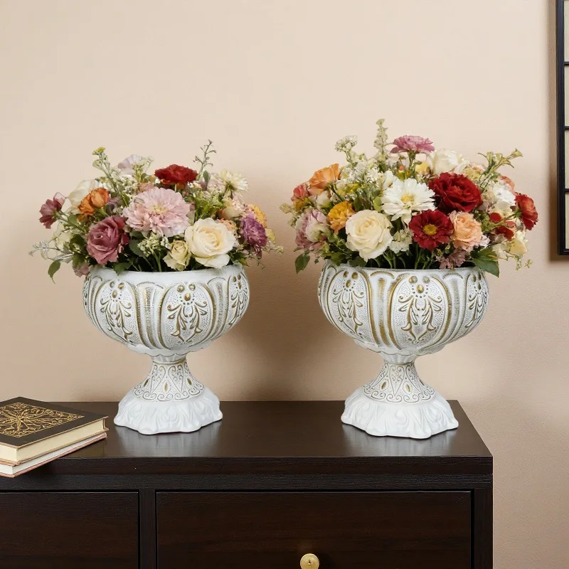 French Court Style Metal Flower Pot Three-dimensional Relief High Foot Vase High-end Home Living Room Dining Table Decoration