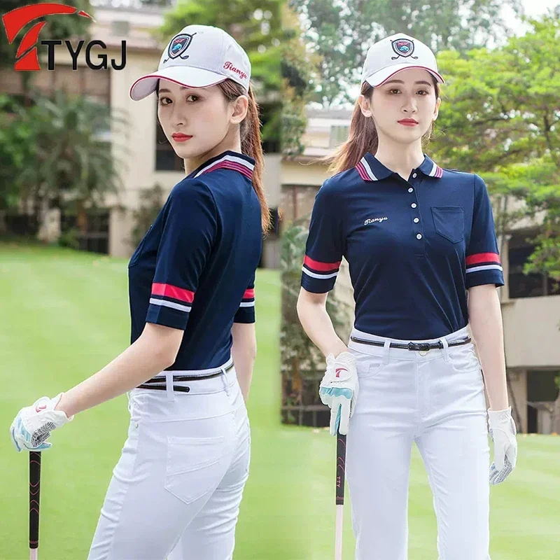 

TTYGJ Women Golf T-shirt Ladies Button Turn Down Collar Shirt Women Anti-sweat Short Sleeve Sport Tops Breathable Golf Apparel