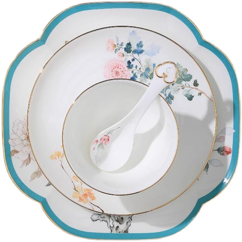 

Jingdezhen household Chinese style, simple ceramic bowl and spoon set, twelve flower god dishes combination