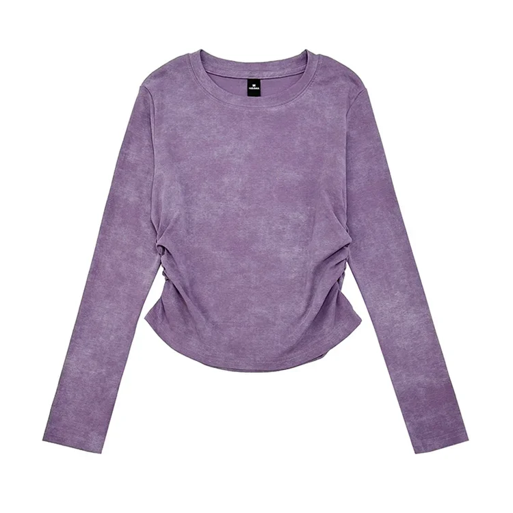 Tie-Dye Schulternaht Slim Fit Gerafftes Langarm-T-Shirt 2026 Herbst Winter Damen Oberteile Lila Geripptes Rundhals-T-Shirt – Detail 1