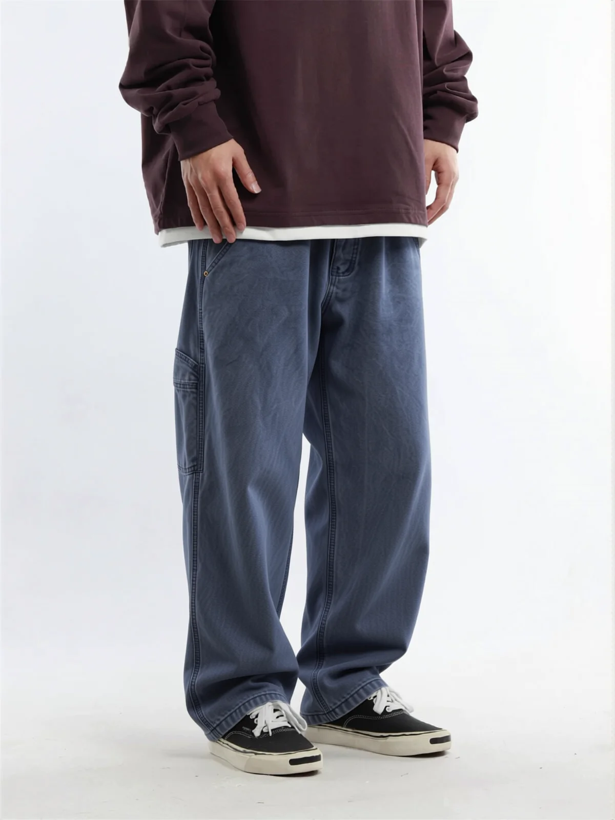 REKNAT Vintage Work Pants Men's Loose Straight Multpocket Casual Blue Canvas Wearresistant Comfortable Cotton Autumn Wear