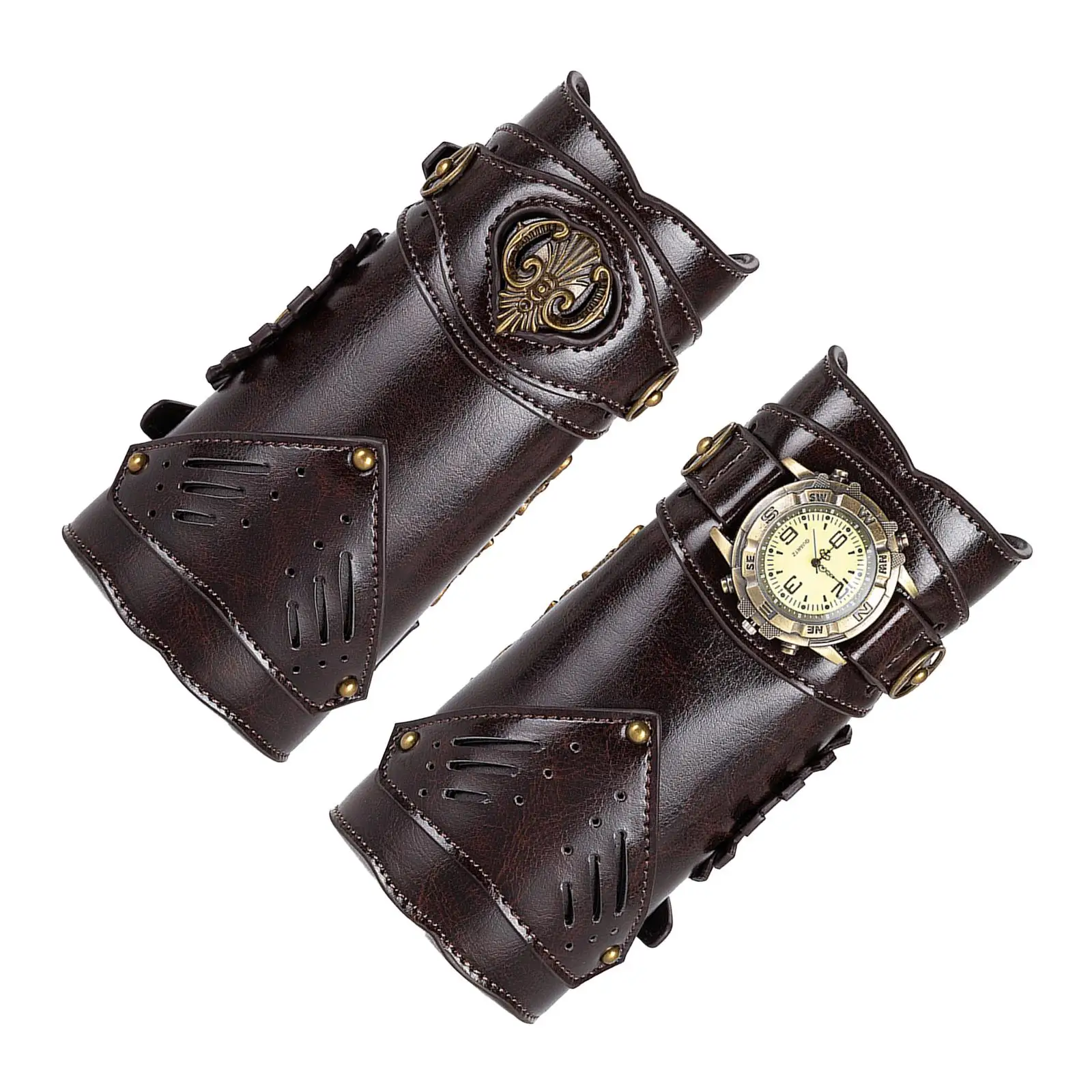 PU Leather Arm Guards Steampunk with Watch Retro Adjustable Medieval Bracers for Masquerade Halloween Stage Costume Props