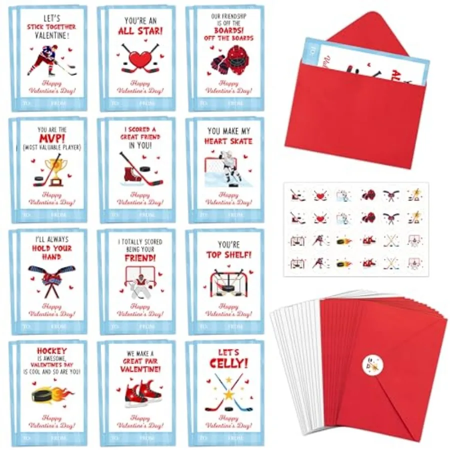 

72pcs Valentine's Day Ice Hockey Greeting Cards with Envelop and Stickers for,4 x 6 IN Sporty Design Hockey Exchange Gift Cards