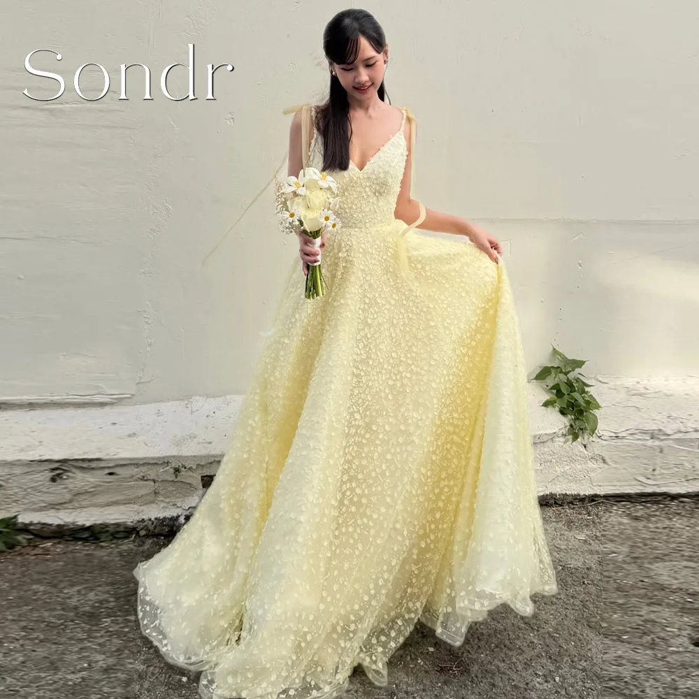 Sondr Customized 2026 Luxury Yellow Lace Evening Dresses Korea Wedding Photo Shoot V Neck Strap A line Long Party Dress Corset