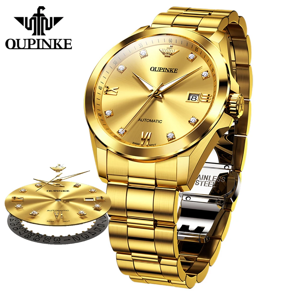 

OUPINKE Men's Watches Gold Luxury Fashion Top Brand Original Automatic Mechanical Wristwatch Stainless Steel Sapphire Glass Date