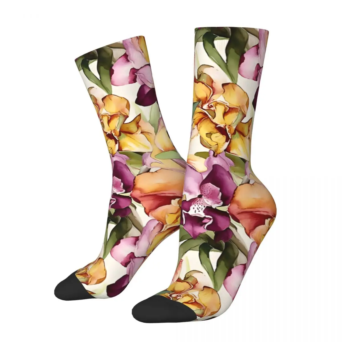 TIpastels-Chaussettes à motif floral d'orchidées sauvages pour hommes, chaussettes d'équipage sans couture, fleurs colorées rétro, imprimé, site officiel