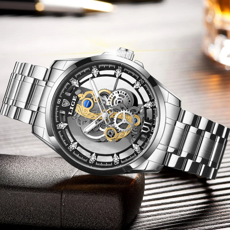 LIGE Mens Watches Skeleton Quartz Wristwatch Gold Skeleton Retro Man Watch Top Brand Luxury Clock Men Watch Relogio Masculino