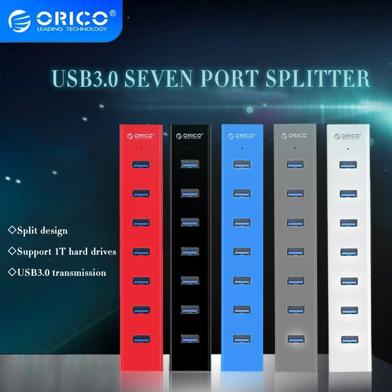 ORICO USB 3.0 Hub 7-port USB3.0 High-speed Transmission HUB Portable USB with Power Distributor Suitable for Laptop MacBook Pro