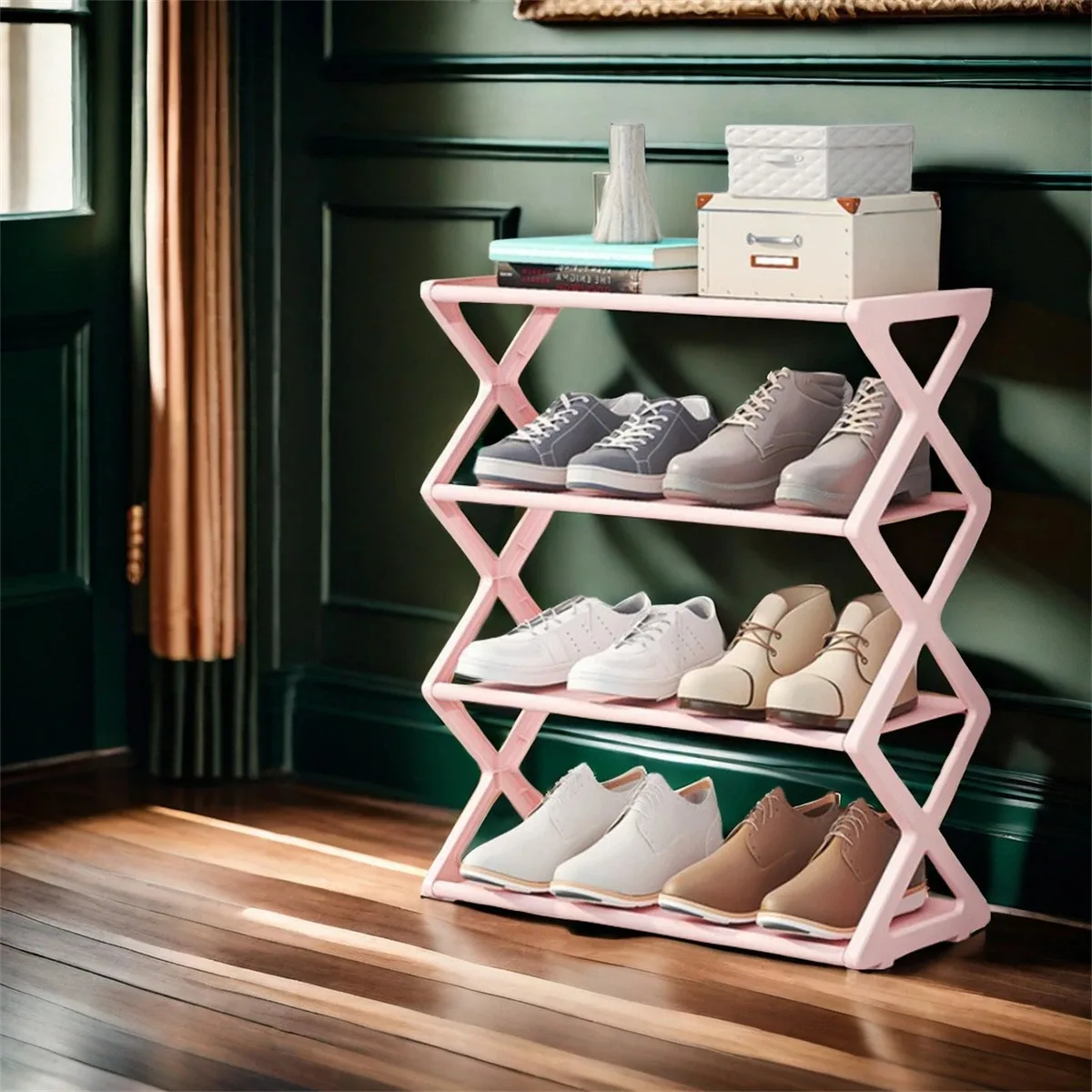4-layer shoe rack for household dust-proof storage, solid color simple home assembly foldable shoe rack