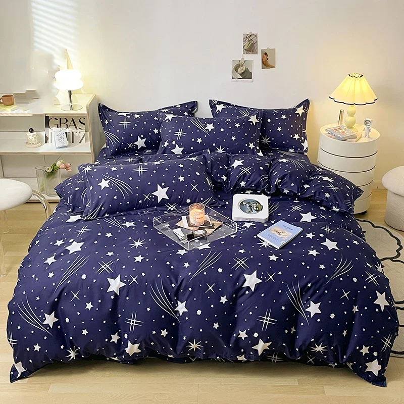 Galaxy Star Duvet Cover 4PCS Starry Sky Bedding Set Reversible Comforter Cover Microfiber Dark Blue Flat Sheet With Pillowcases