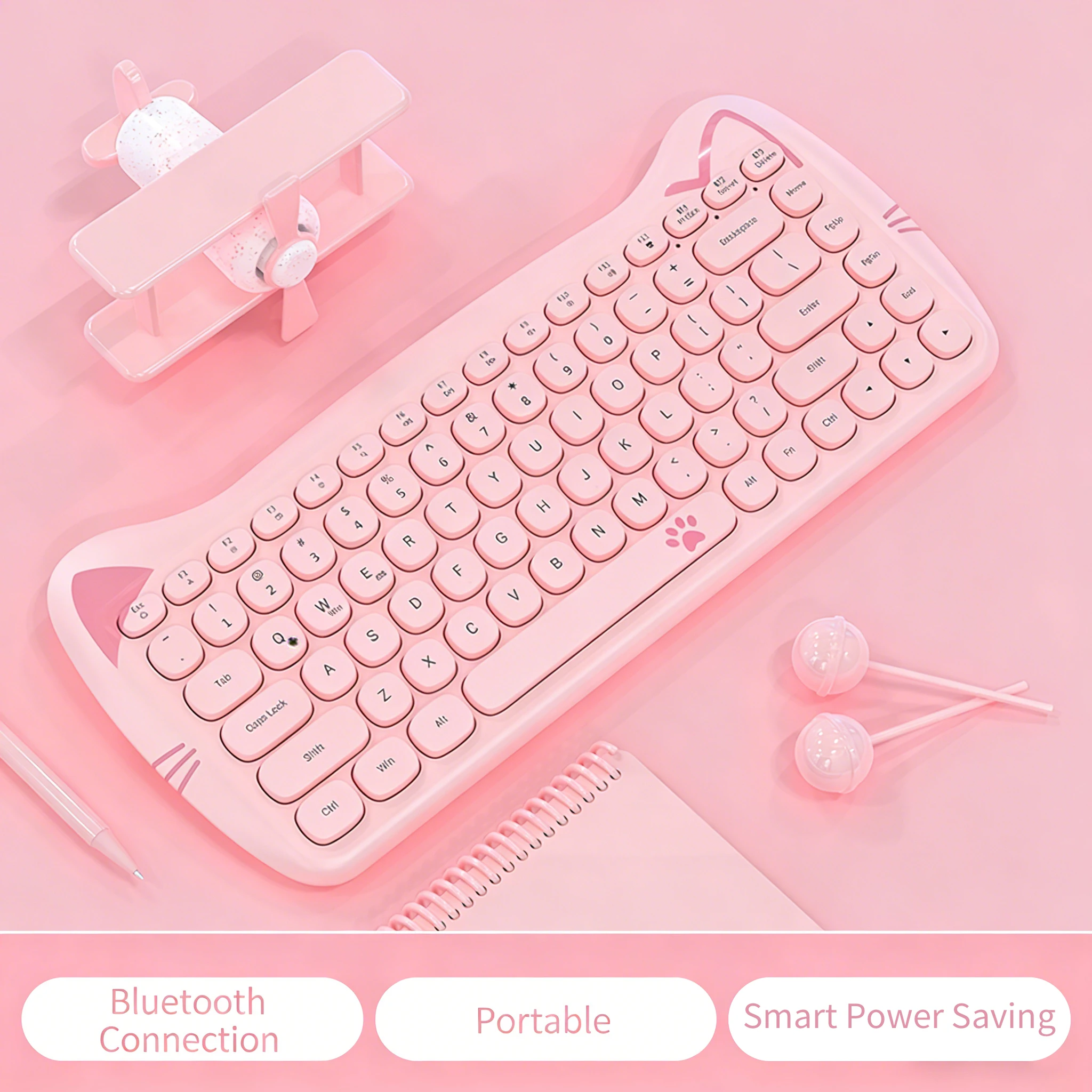 

Беспроводная Bluetooth-клавиатура с милым дизайном в виде кошки, 84 клавиши, портативная мембранная клавиатура, подходит для ПК/Mac, офиса, набора текста и игр.