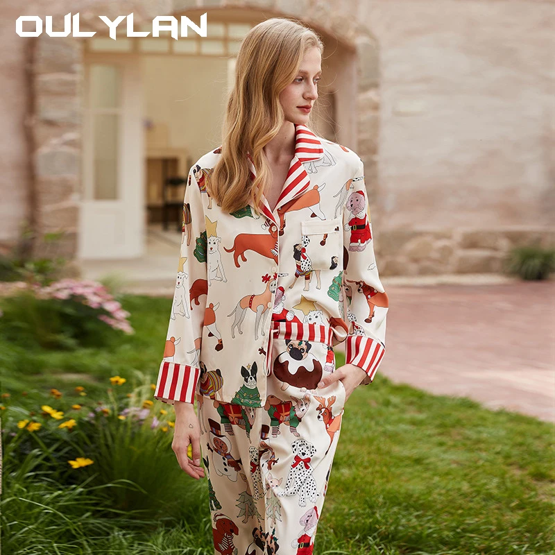 Christmas dog ins style pajamas woman spring autumn long sleeve trousers lapel imitation silk thin home wear set