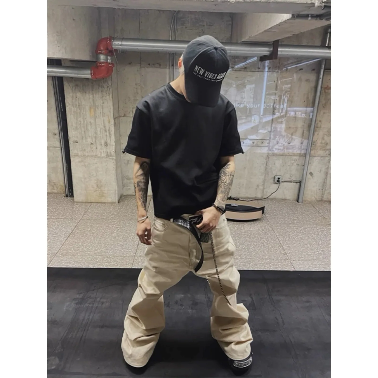 

RO wind Rick Dark High Elasticity Floor-length White Smooth-High Polished Denim Men Trendy Brand Slim-Fitting Wide Leg Pants