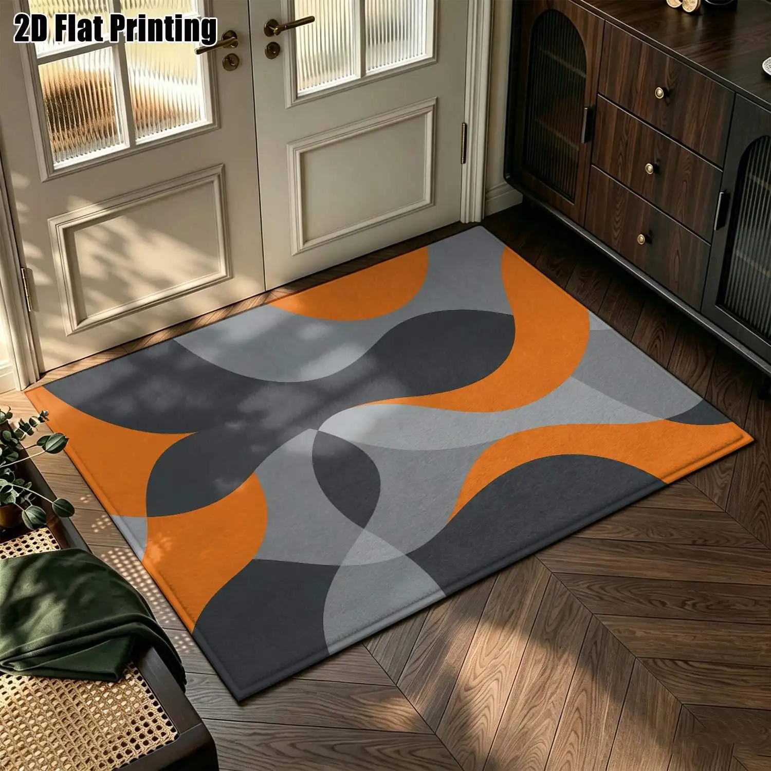 1Pc 2D Printed Orange-Grey Abstract Geometric Nordic/Instagram Style Carpet, Modern Minimalist European Striped Floor Mat, Machine Washable, Multi-Size, for Entrance, Dining, Foyer, Living Room, Bedroom Home Decor