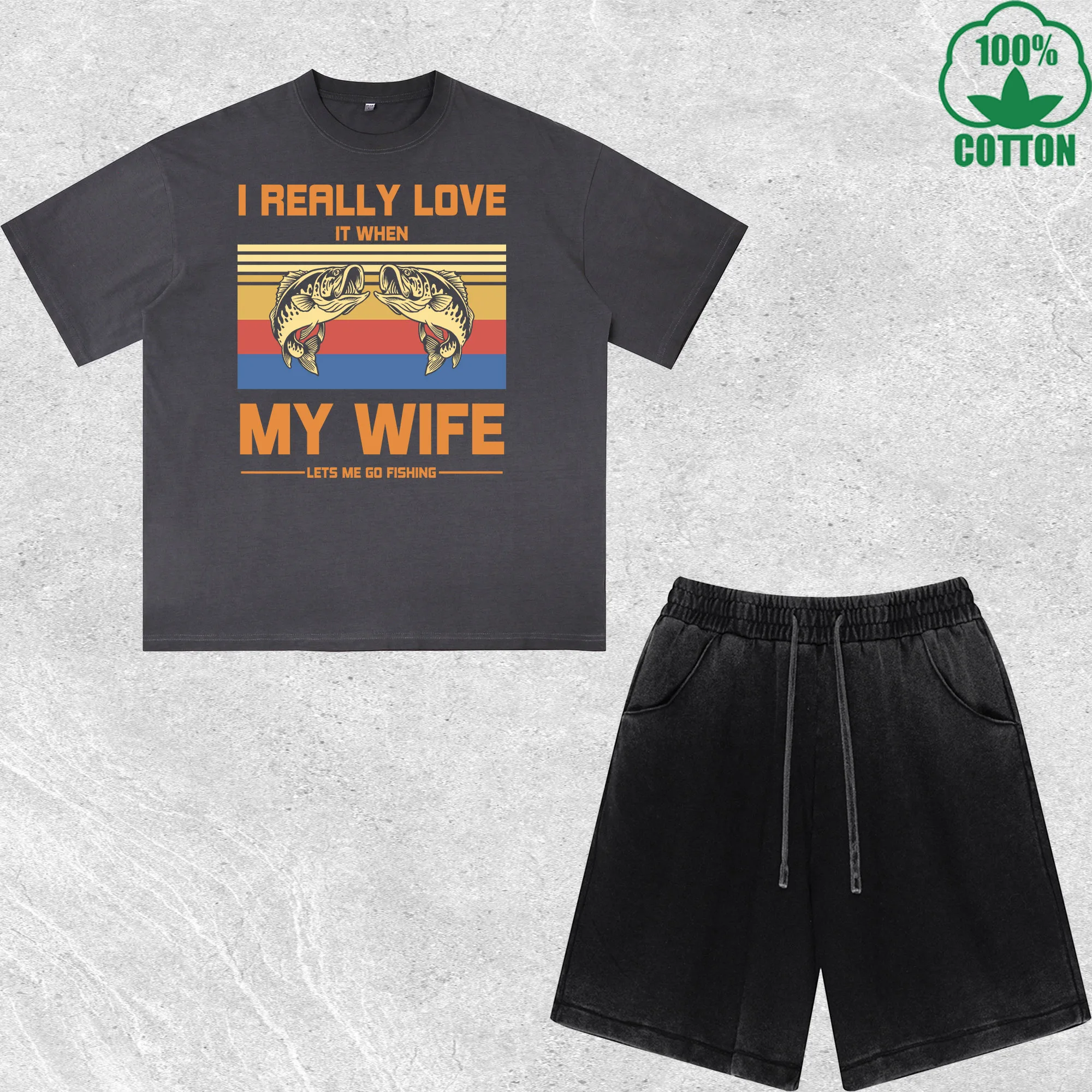 

My Wife Printed Dirty Wash T-Shirt Shorts Set Multicolor Combo Loose Trendy Fashionable 100%Cotton